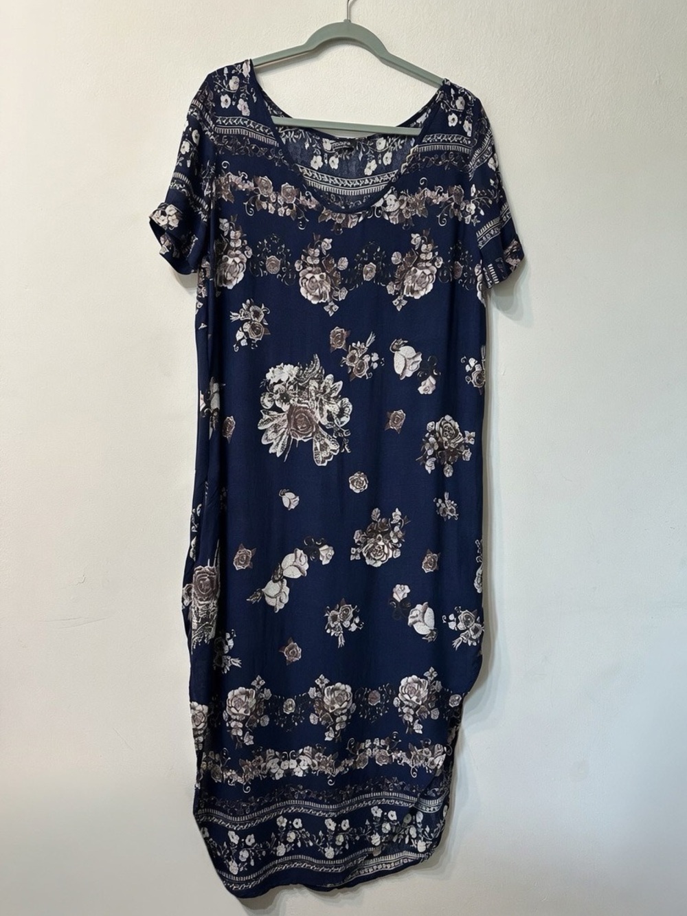 Hotouch Floral Midi Dress Women’s L Navy Blue Boho Summer Casual Side Pockets